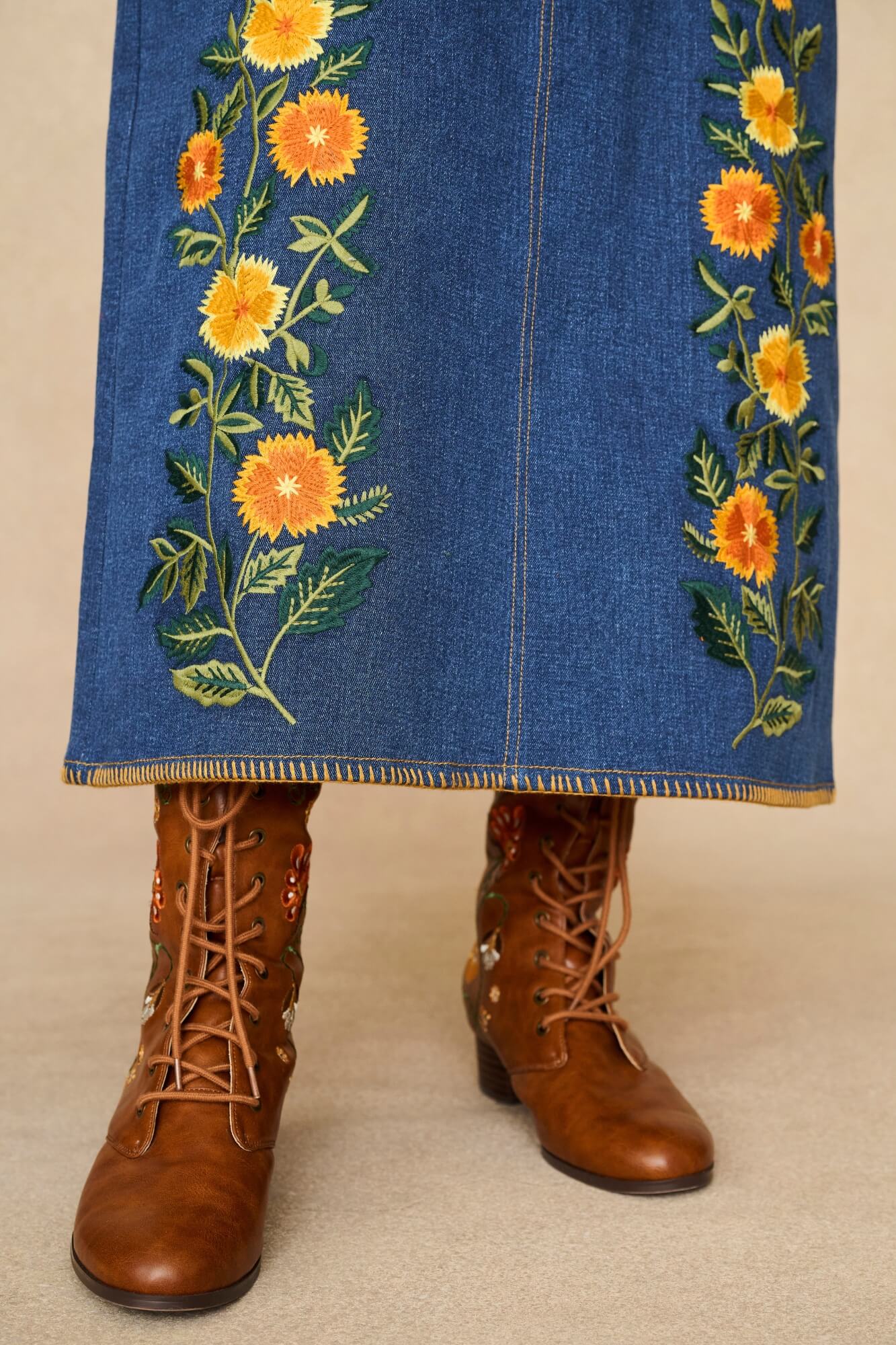 Denim Collection featuring 70s denim maxi skirt by The Hippie Shake - close up