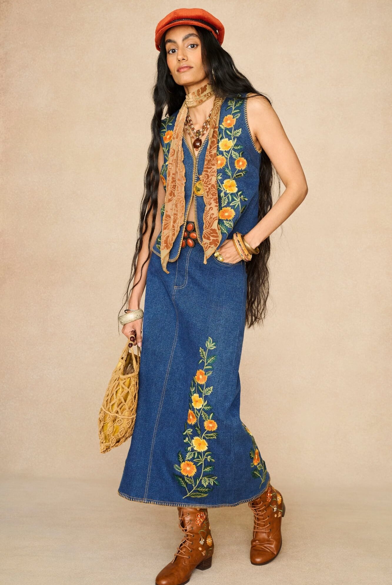 Denim Collection featuring 70s denim embroidered vest by The Hippie Shake - front view