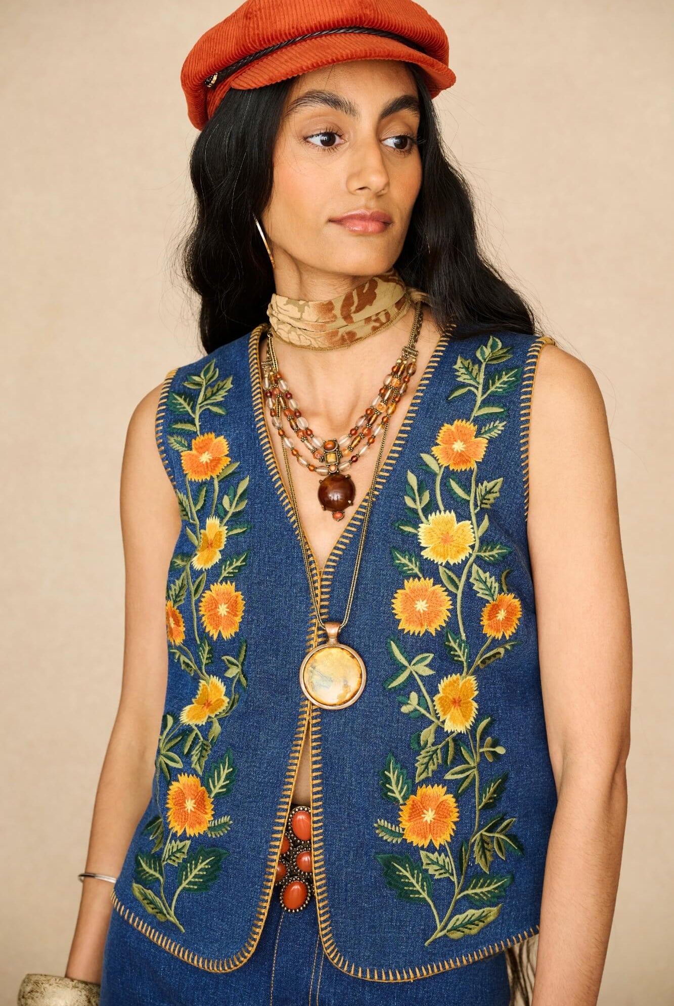 Denim Collection featuring 70s denim embroidered vest by The Hippie Shake - front view