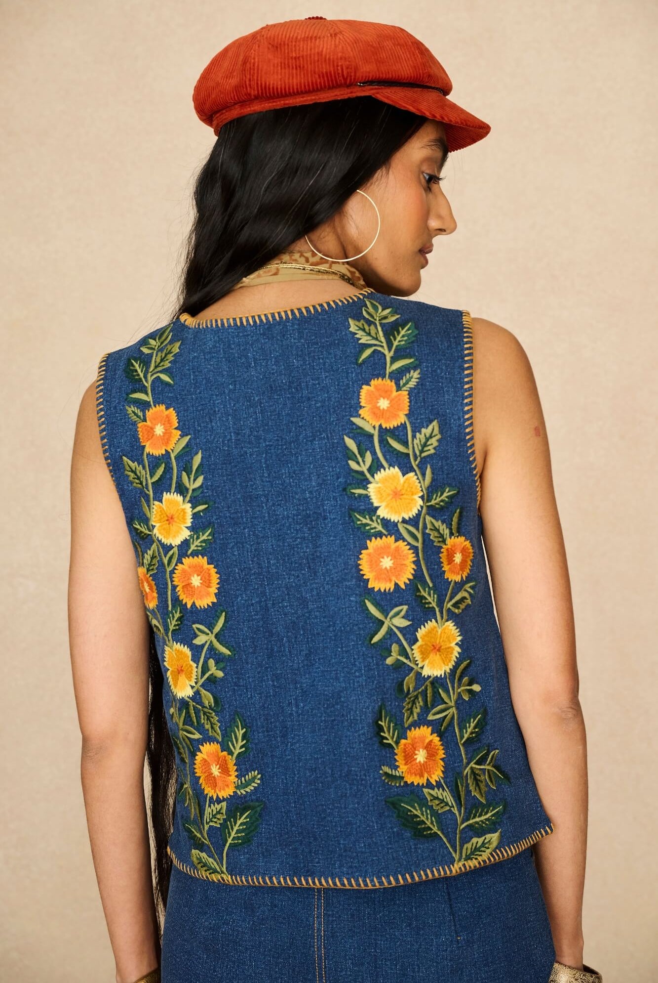 Denim Collection featuring 70s denim embroidered vest by The Hippie Shake - back view