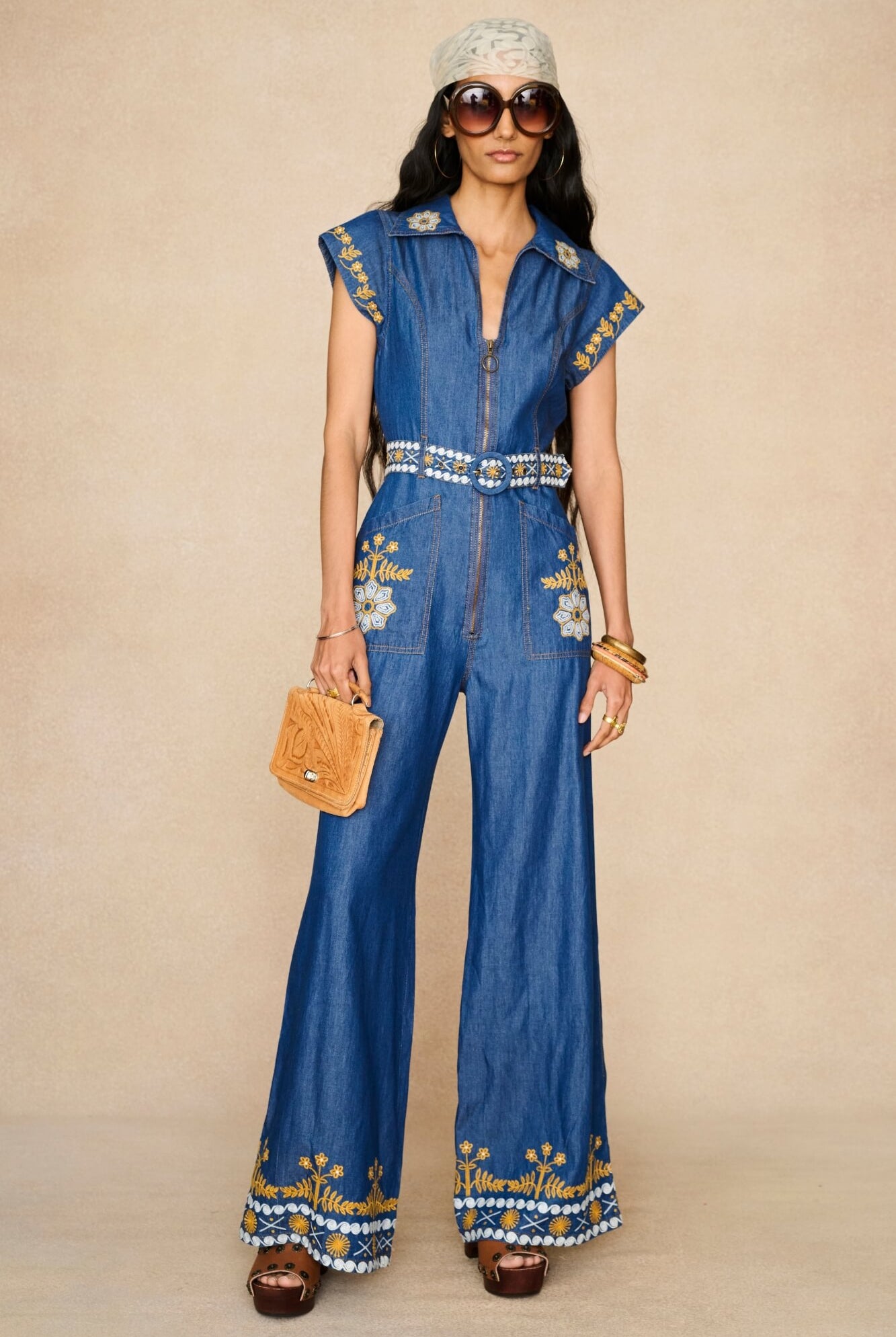Denim Collection featuring 70s embroidered jumpsuit by The Hippie Shake - front view