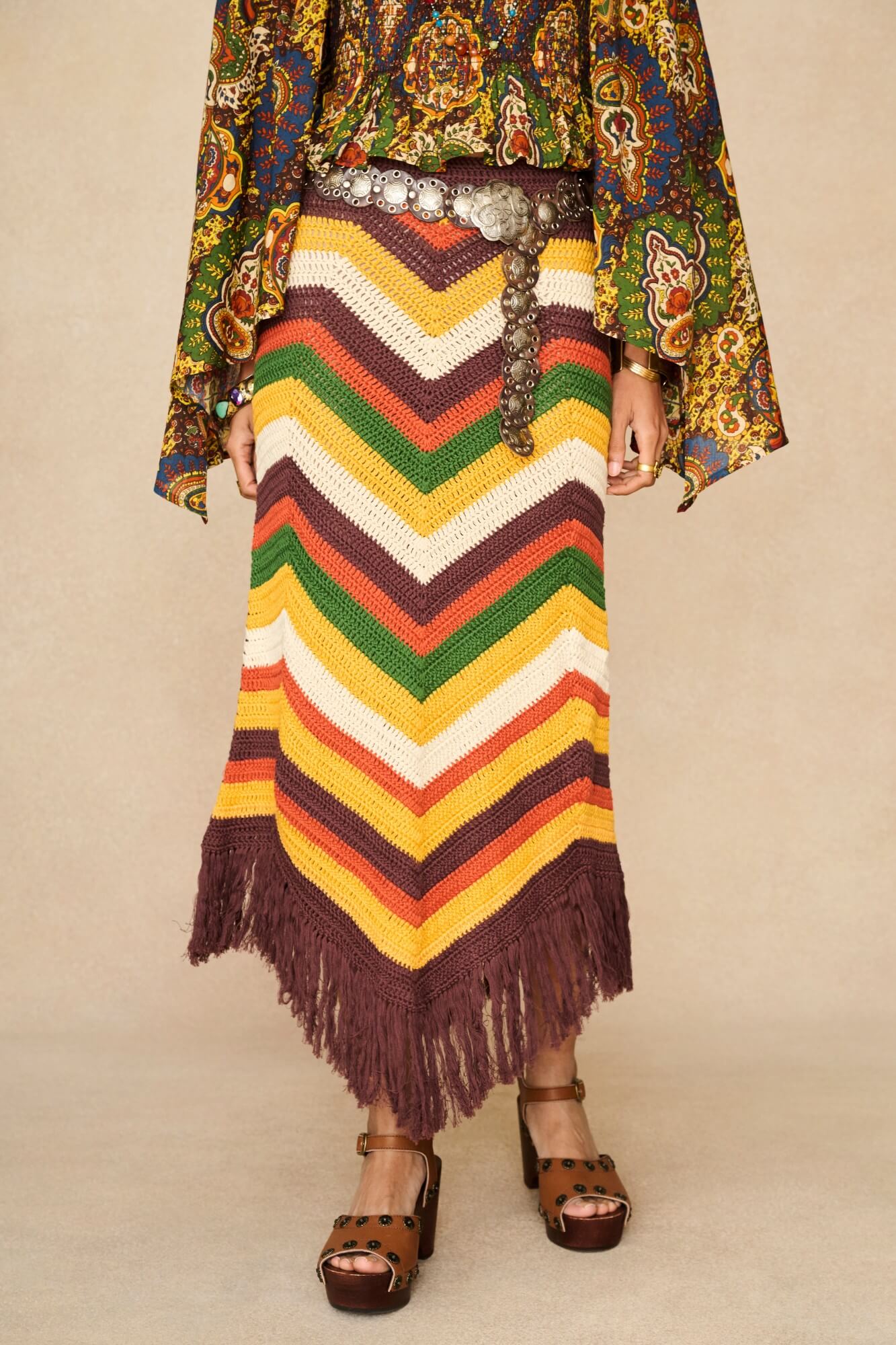 Model wearing 70s striped knitted skirt by The Hippie Shake, front view