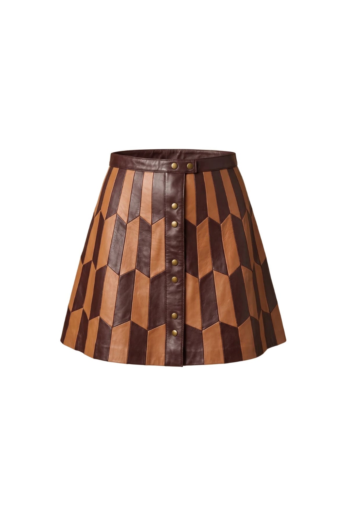 Ghost image of a brown and tan geometric patterned mini skirt with a button-up front and a matching belt, by the Hippie Shake