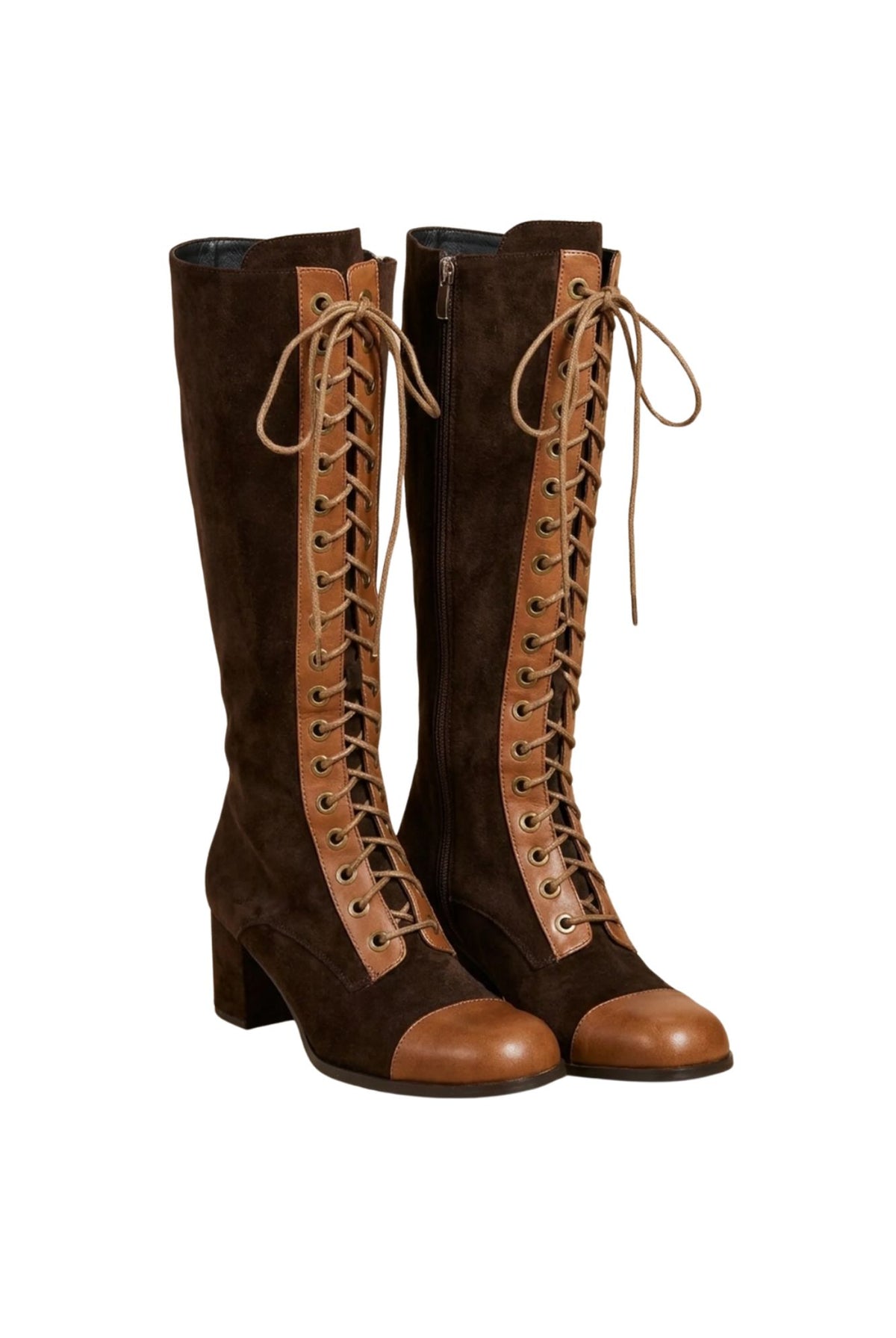 Ghost image of 70s style colour-block knee-high platform boots in tan and brown by The Hippie Shake