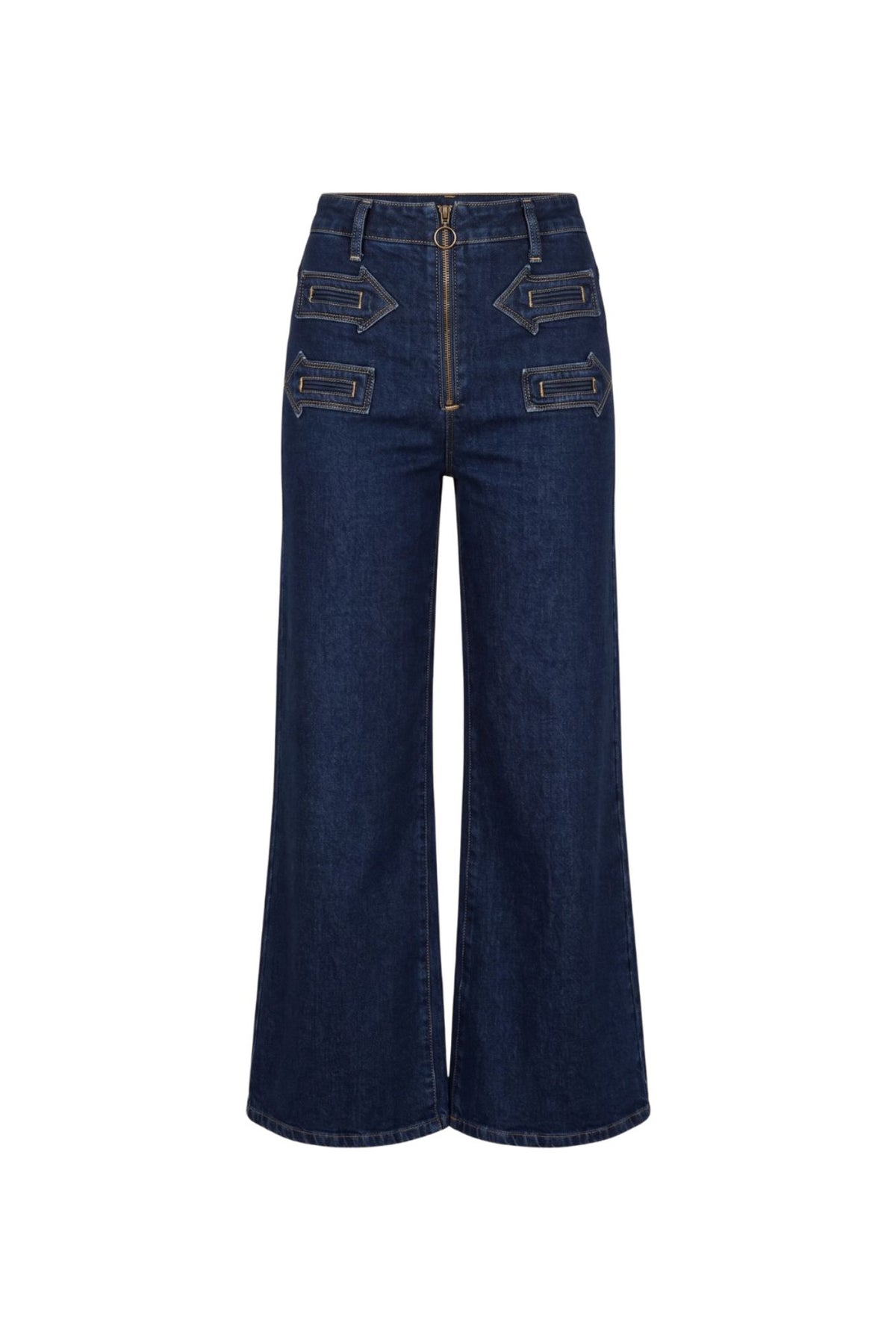 Ghost image of dark blue wide-leg denim jeans with decorative contrast stitching and front patch pockets, by the Hippie Shake