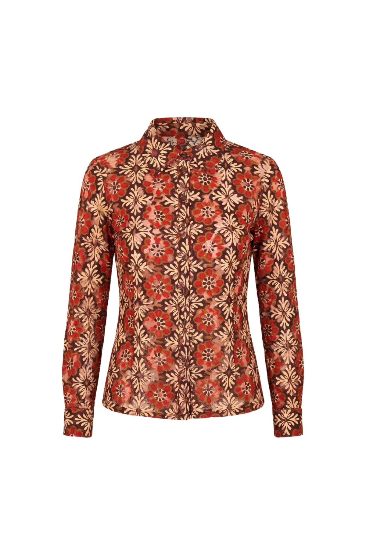 Ghost image of a long-sleeve button-up shirt with a red and beige floral pattern, by the Hippie Shake