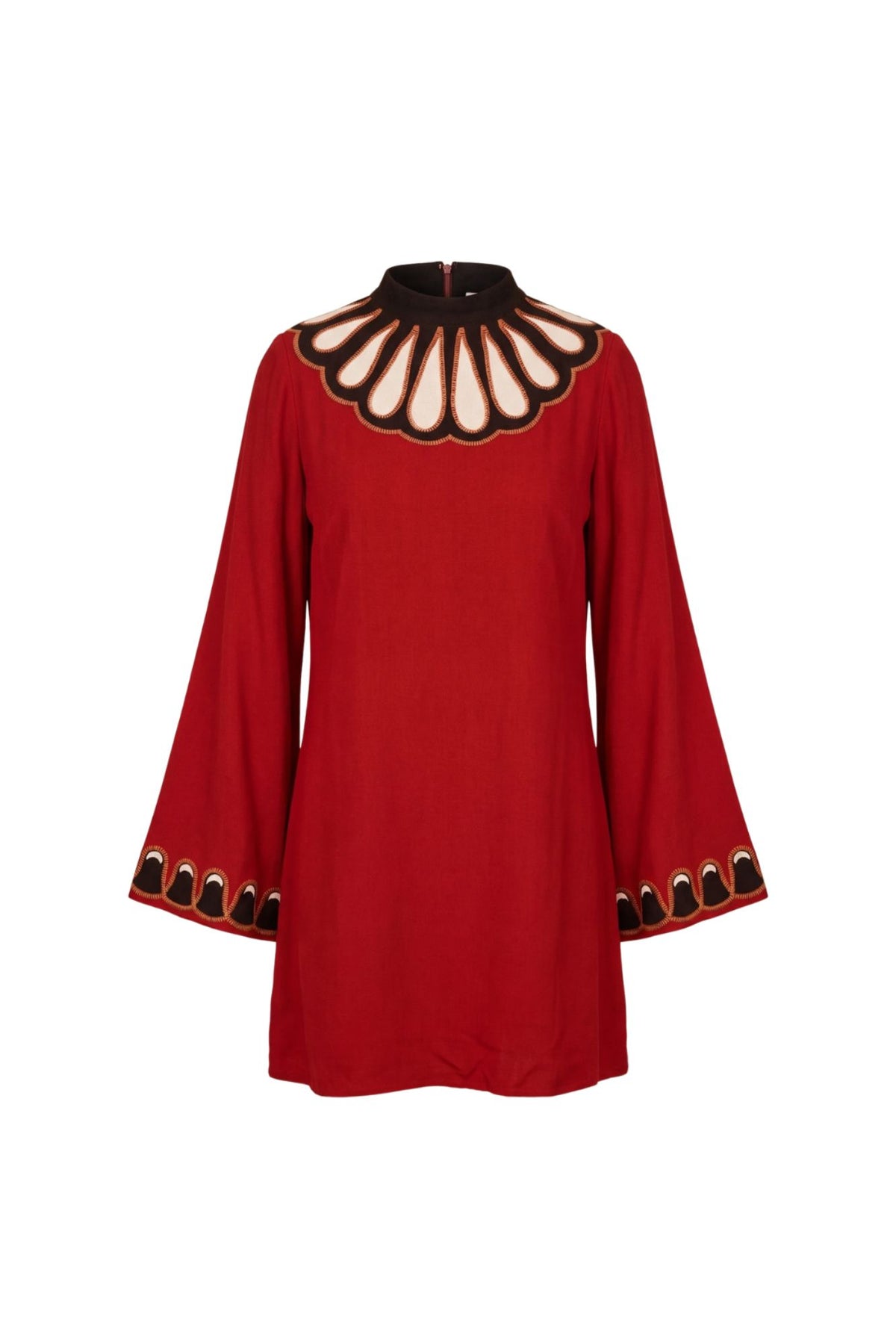 Ghost image of 70s short-sleeve jumpsuit with a red long-sleeve tunic dress with a high black collar and a decorative cream and black scalloped yoke, featuring matching black and cream scalloped trim on the cuffs, by The Hippie Shake