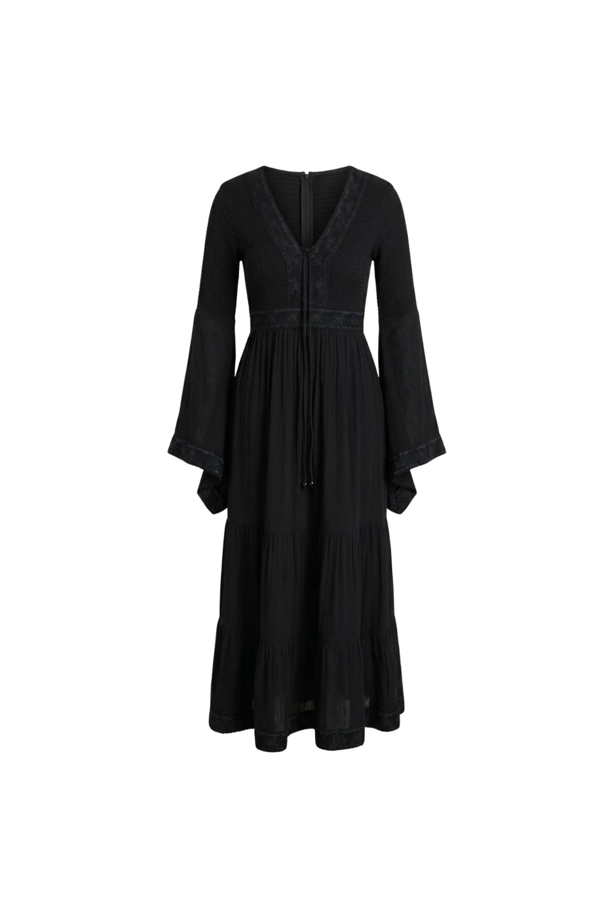 Ghost image of 70s style black Reverie flowy maxi dress by The Hippie Shake