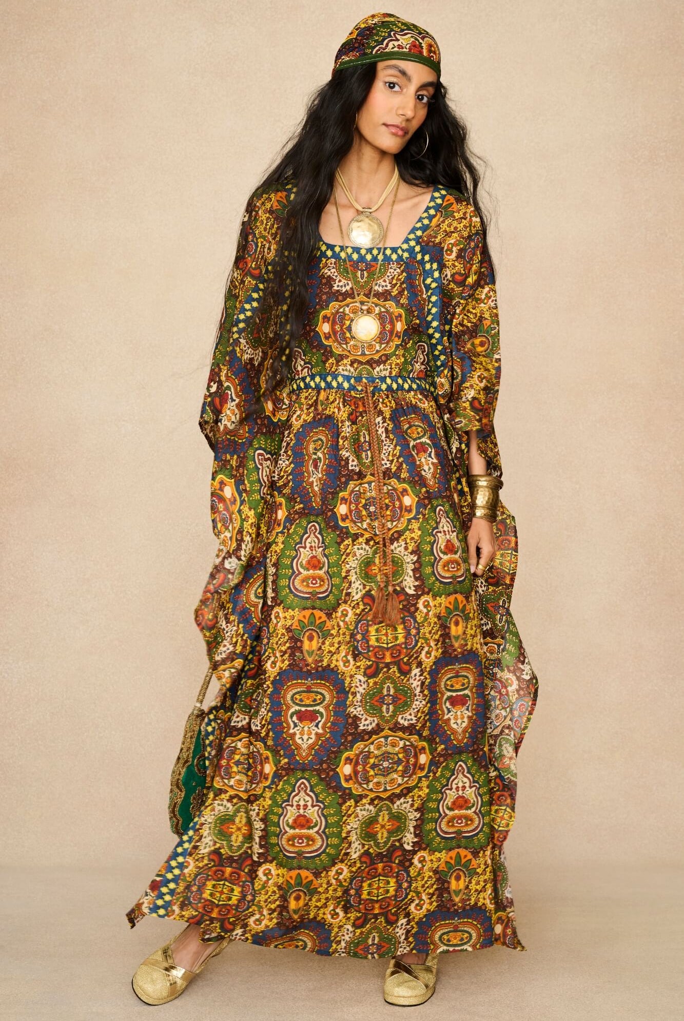 Model wearing 70s printed kaftan by The Hippie Shake, front view
