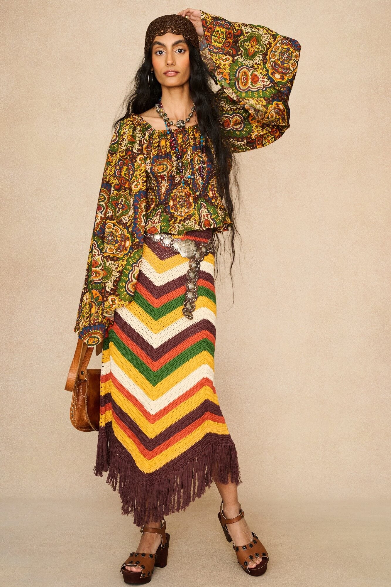 Model wearing 70s printed long sleeve top by The Hippie Shake, front view