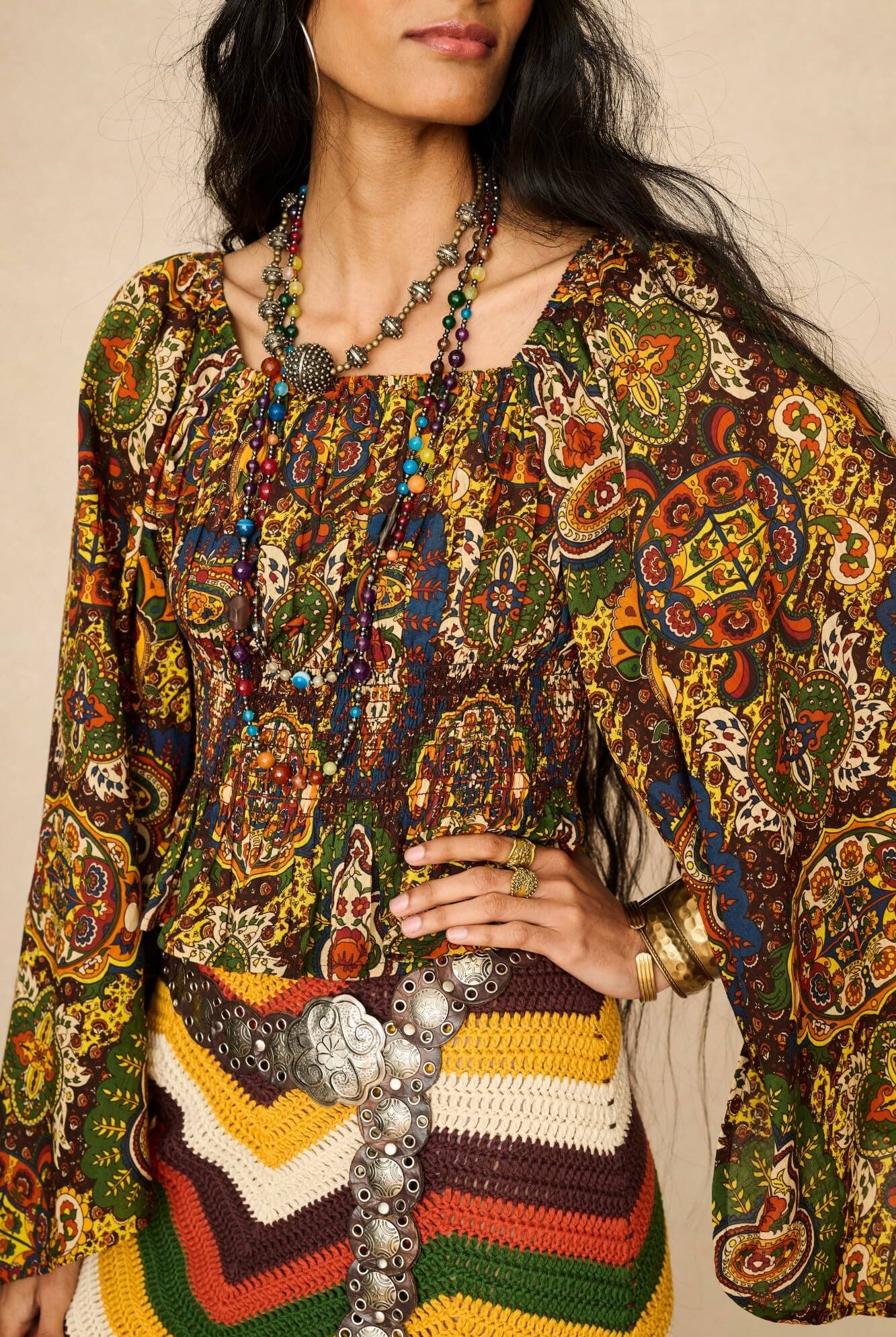 Model wearing 70s printed long sleeve top by The Hippie Shake, details