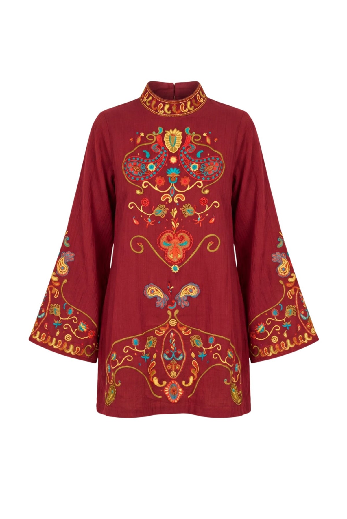 Ghost image of 70s style deep red paisley print Willow mini dress by The Hippie Shake