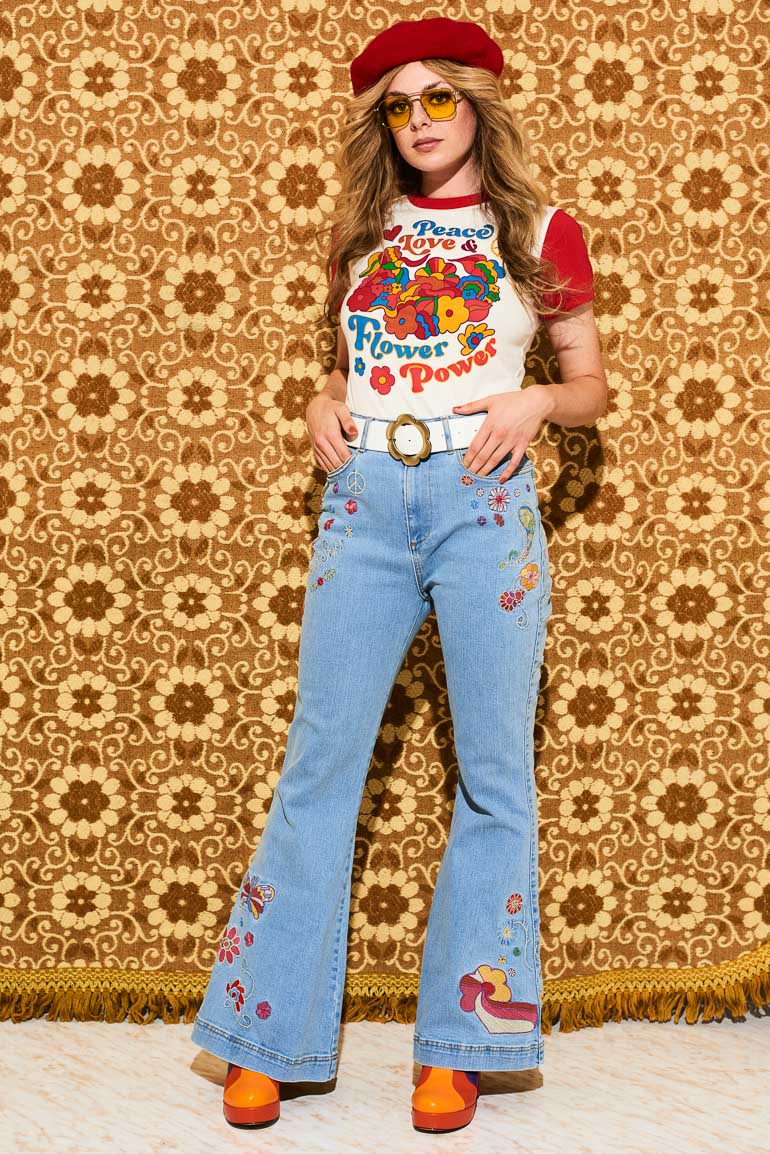 She's A Rainbow Embroidered Denim Flares – The Hippie Shake