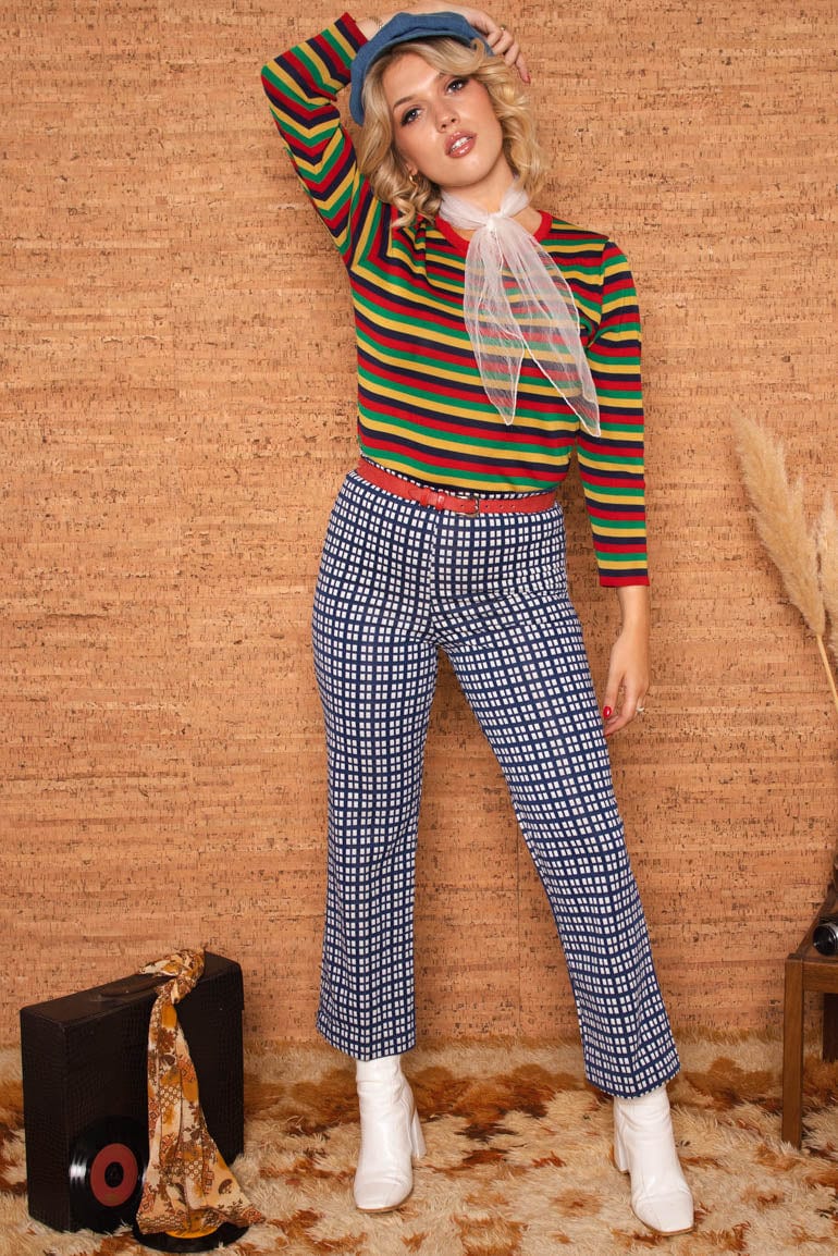 Vintage 1970s Blue Check Wide Leg Trousers