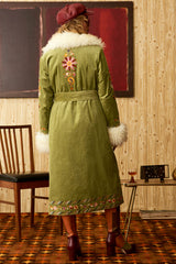 Angelina Green Corduroy Embroidered Long Coat