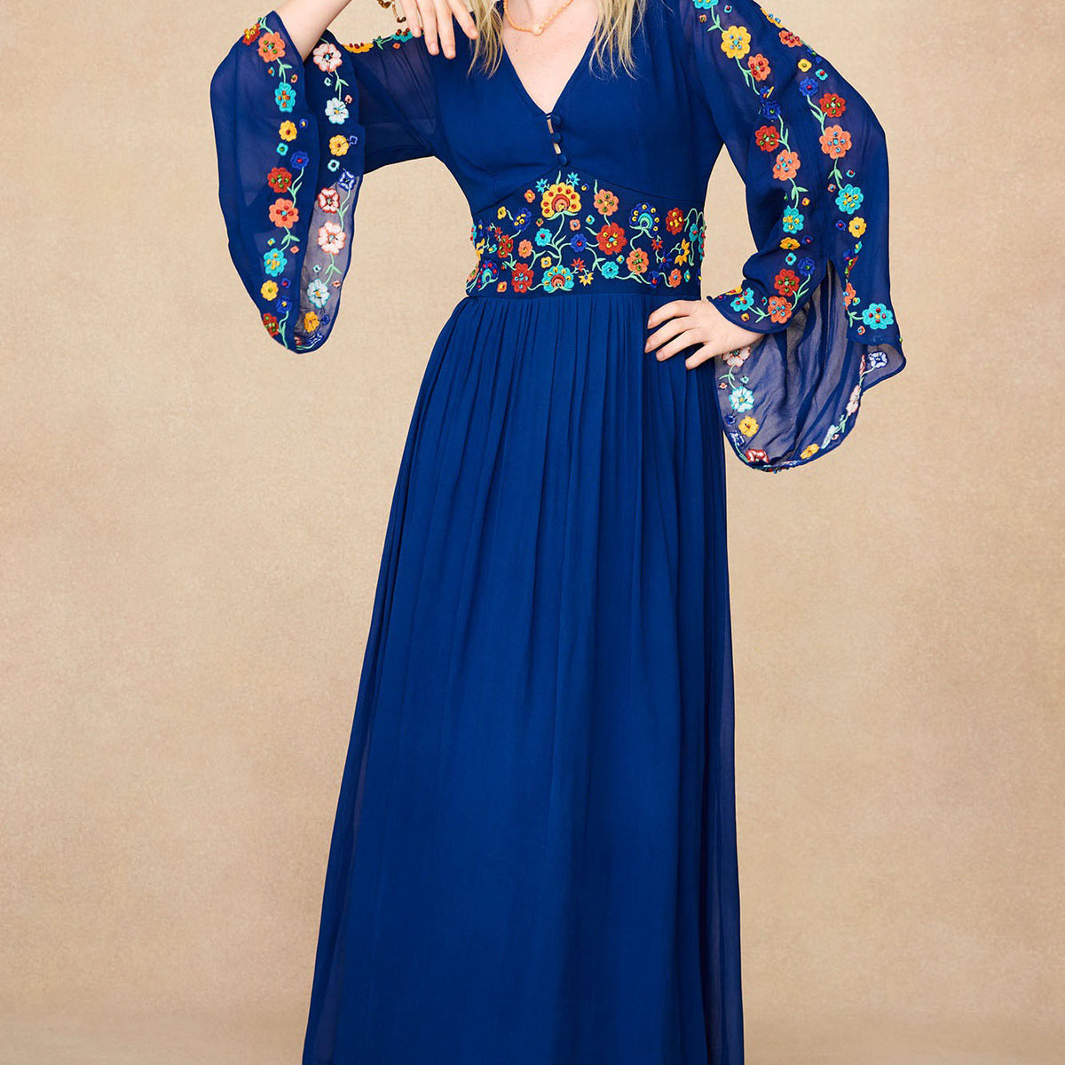 Vintage Blue Floral Embroidered Maxi Dress The Hippie Shake Vintage Blue Floral Embroidered Maxi Dress The Hippie Shake