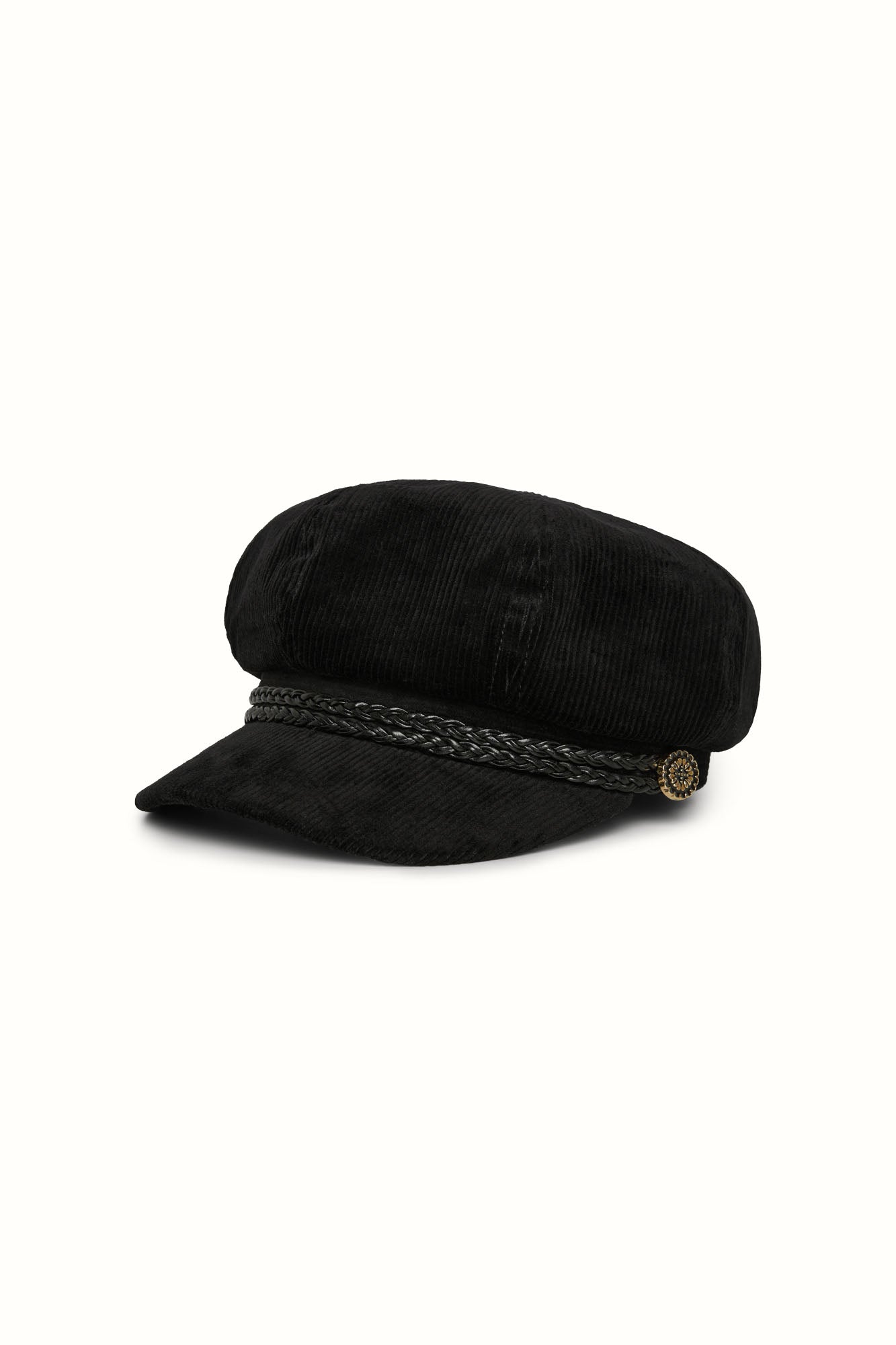 Studio shot of The Hippie Shake's black corduroy baker hat on white background.