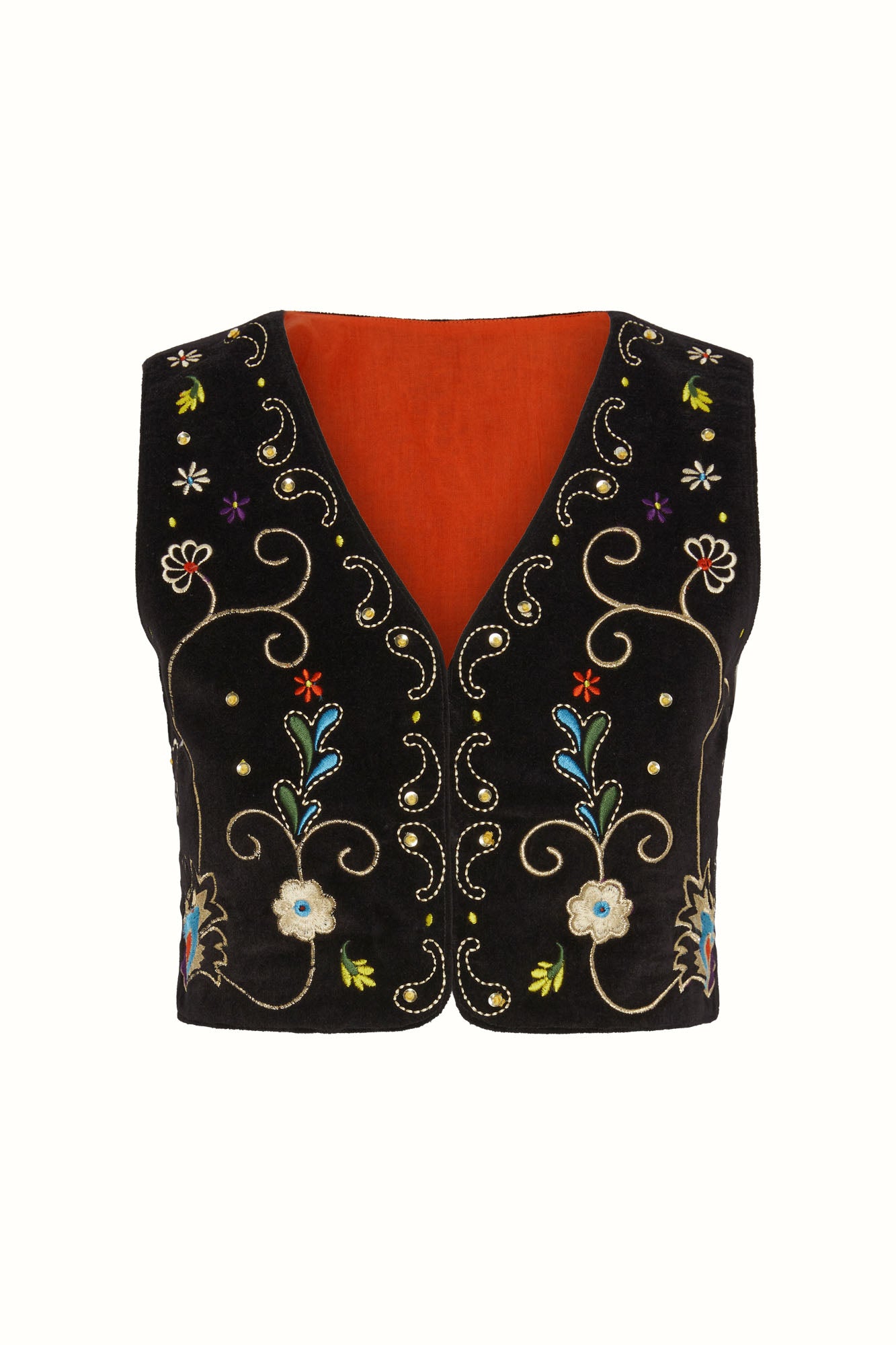 The Hippie Shake's black velvet embroidered waistcoat vest on white background.