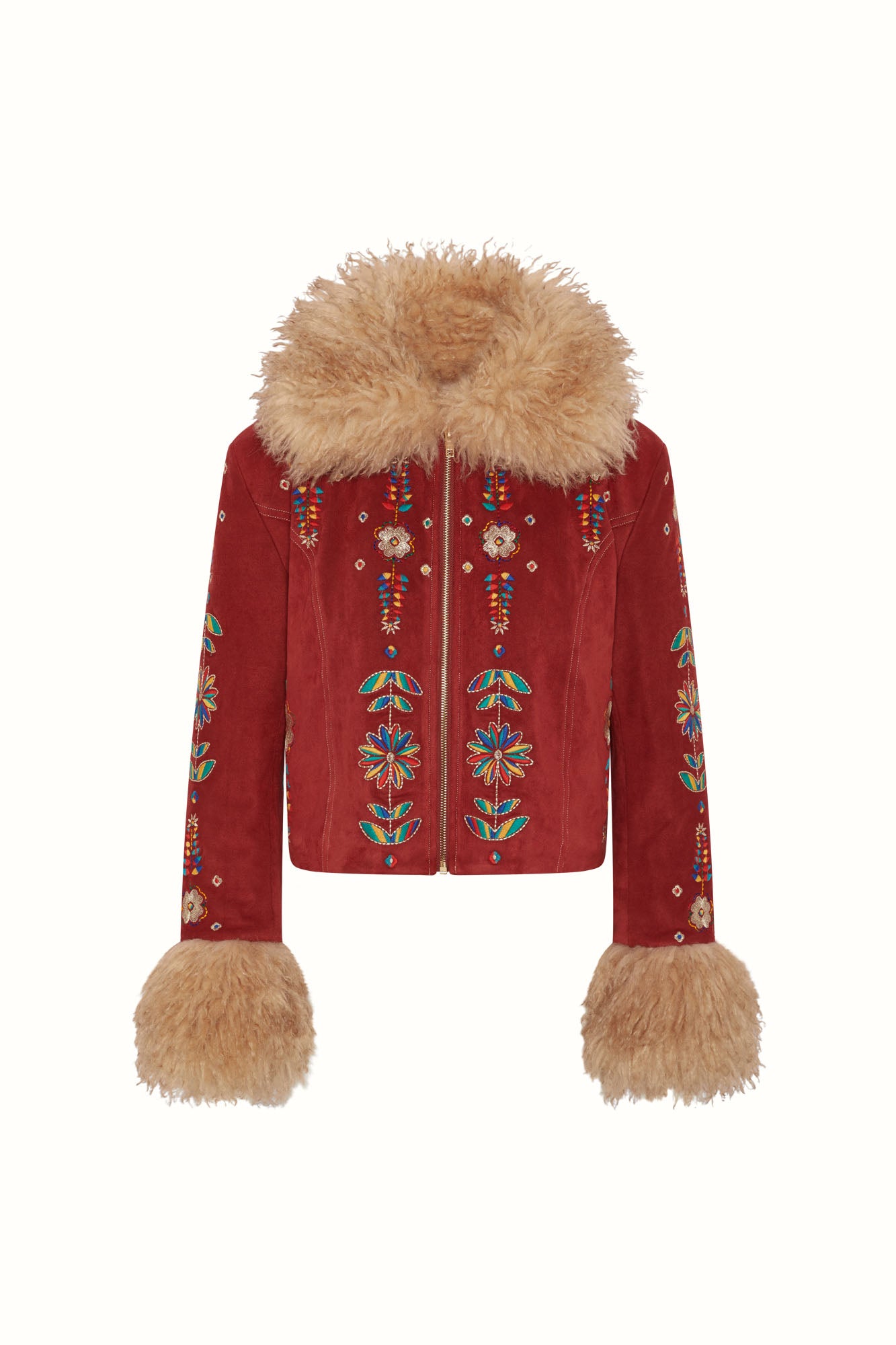 Flat lay of The Hippie Shake's red embroidered penny lane coat