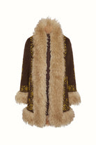Flat lay of The Hippie Shake's brown embroidered Penny Lane coat on white background.