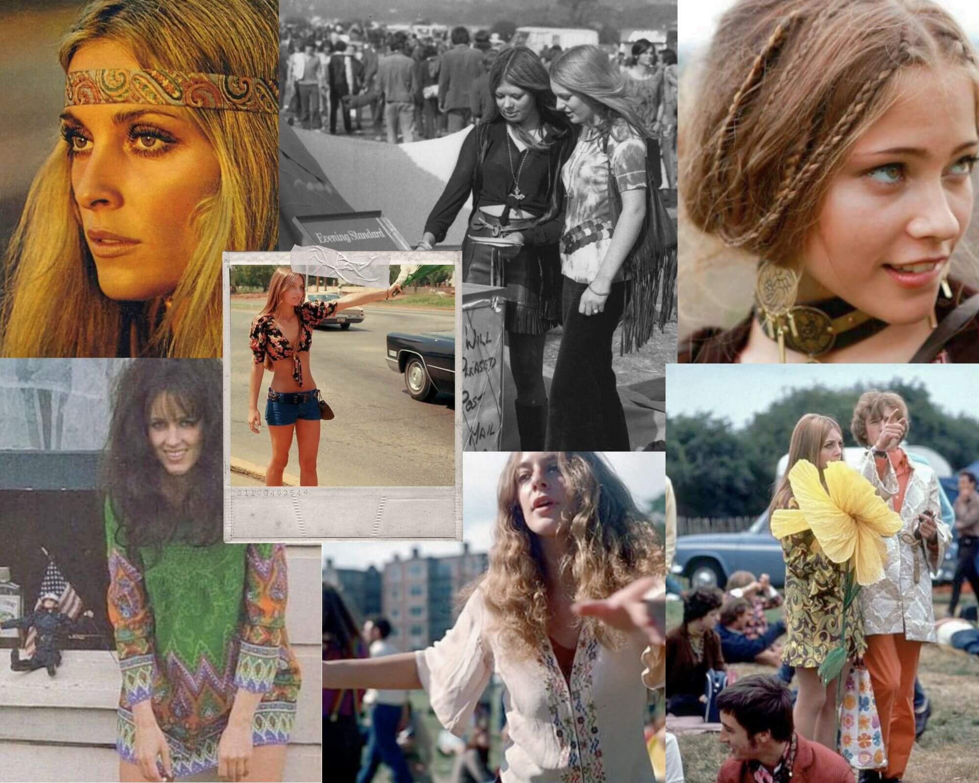Collage of vintage festival looks from the 1960s and 1970s for The Hippie Shake Journal