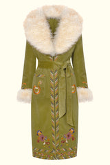 Angelina Green Corduroy Embroidered Long Coat