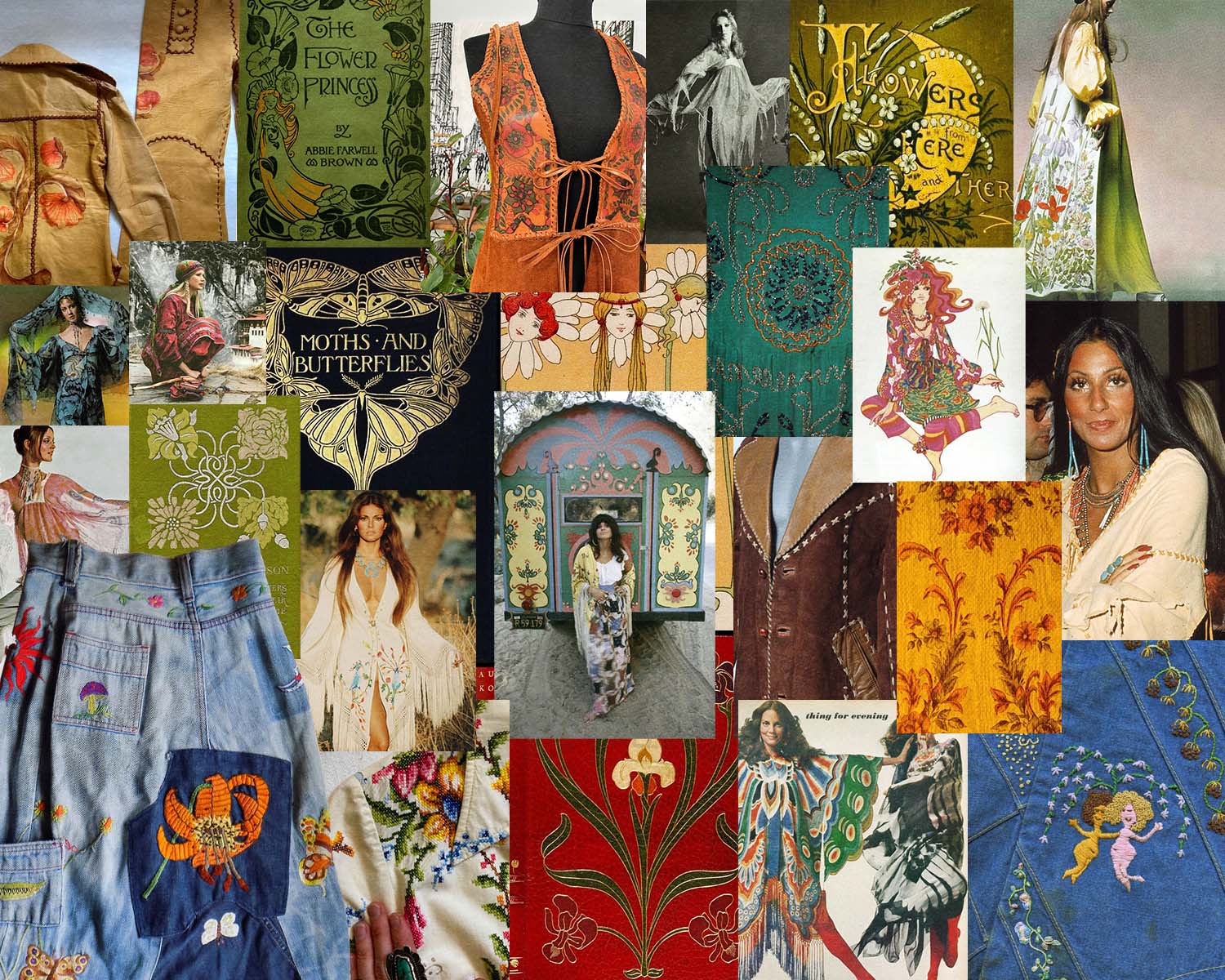 Collage moodboard of 70s dresses and fashion  inspiration and embroidery details