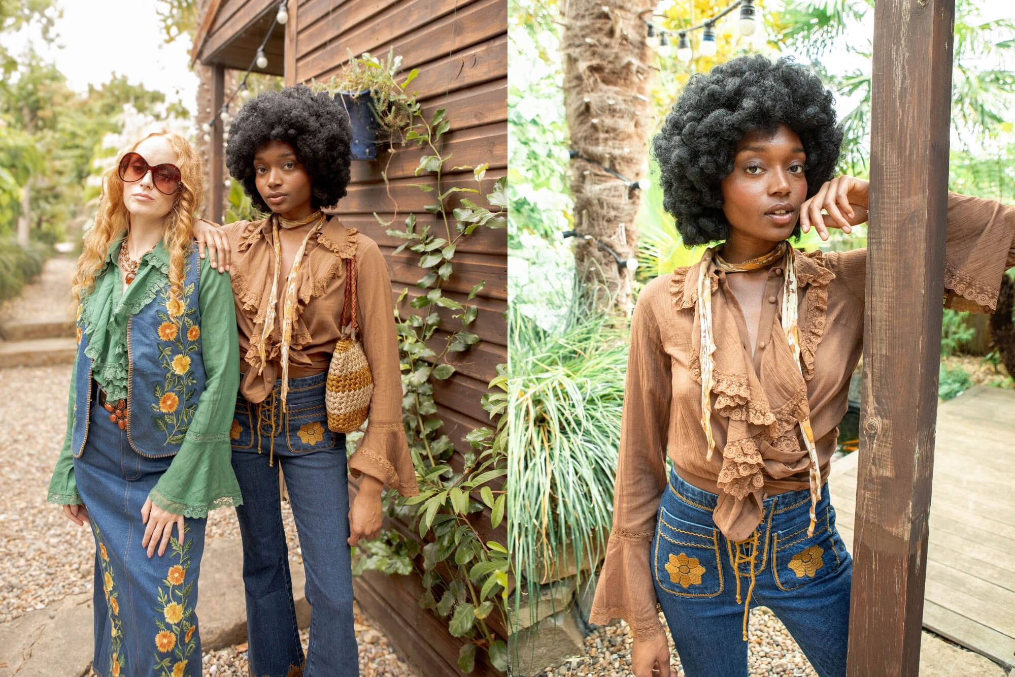 A split-screen lifestyle photo showing two women in bohemian-style clothing posing outdoors against a wooden wall and palm tree. The left side shows a woman in a green embroidered jacket and blue jeans, next to a woman wearing a brown ruffled blouse, patterned jeans, and a woven bag.