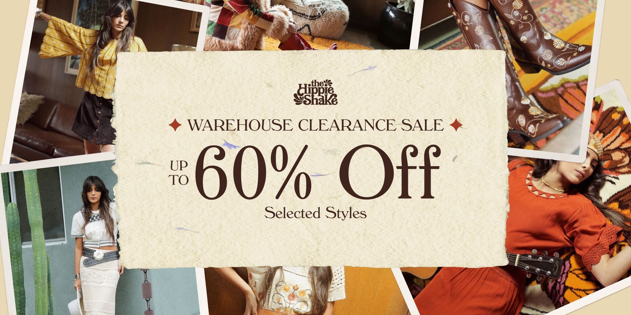 The Hippie Shake warehouse clearance sale homepage collage - landscape