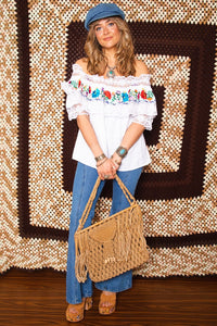 Vintage 1970 Embroidered Off Shoulder Smock Top