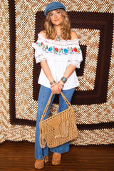 Vintage 1970 Embroidered Off Shoulder Smock Top