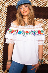 Vintage 1970 Embroidered Off Shoulder Smock Top