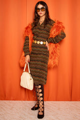 Vintage 1970s Chevron Stripe Midi Dress