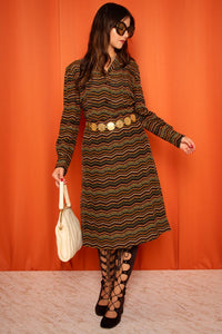 Vintage 1970s Chevron Stripe Midi Dress