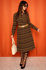 Vintage 1970s Chevron Stripe Midi Dress