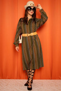 Vintage 1970s Brown and Green Midi Dress