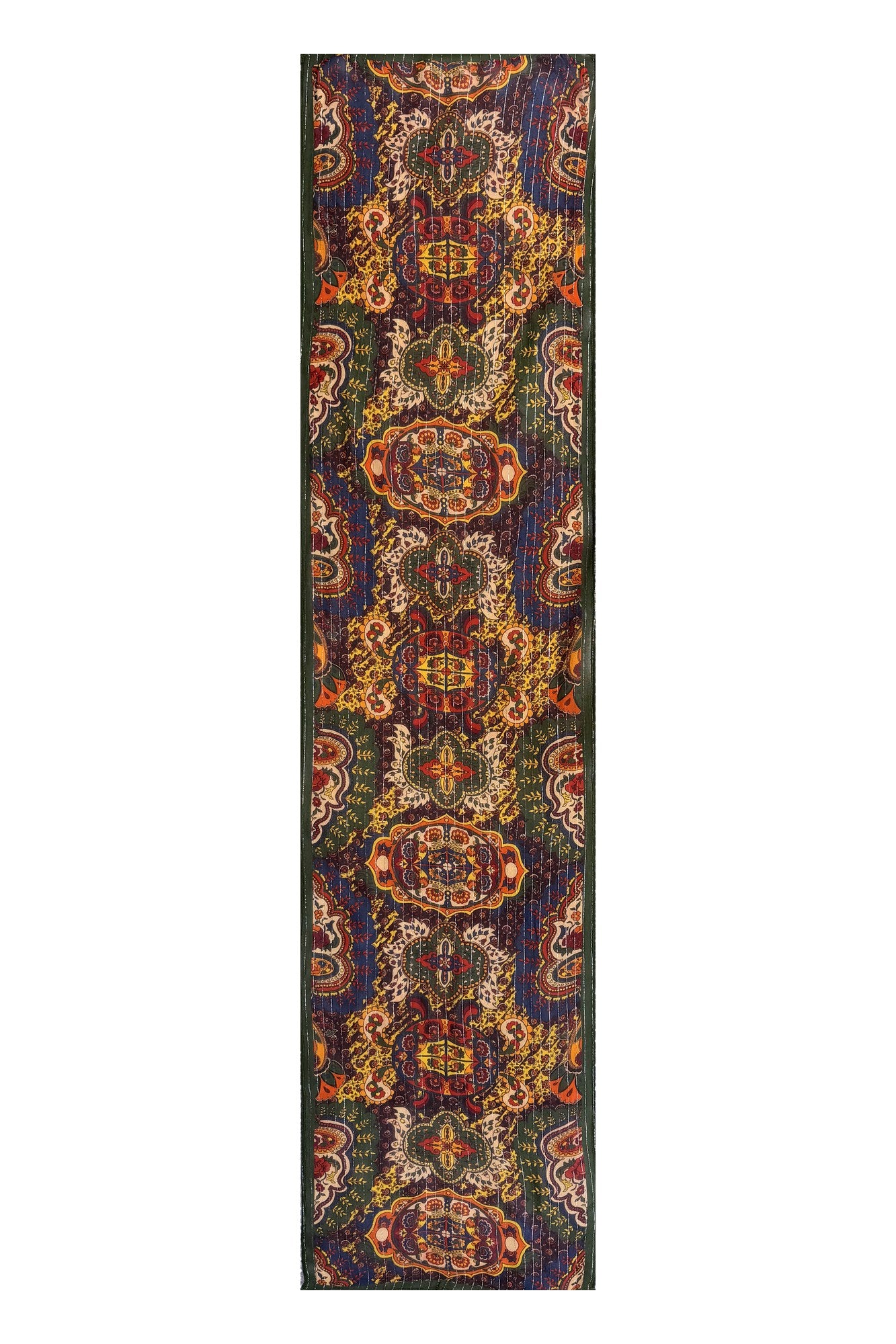 Tapestry print head scarf in sheer gold-shimmer lurex viscose, full length, by The Hippie Shake
