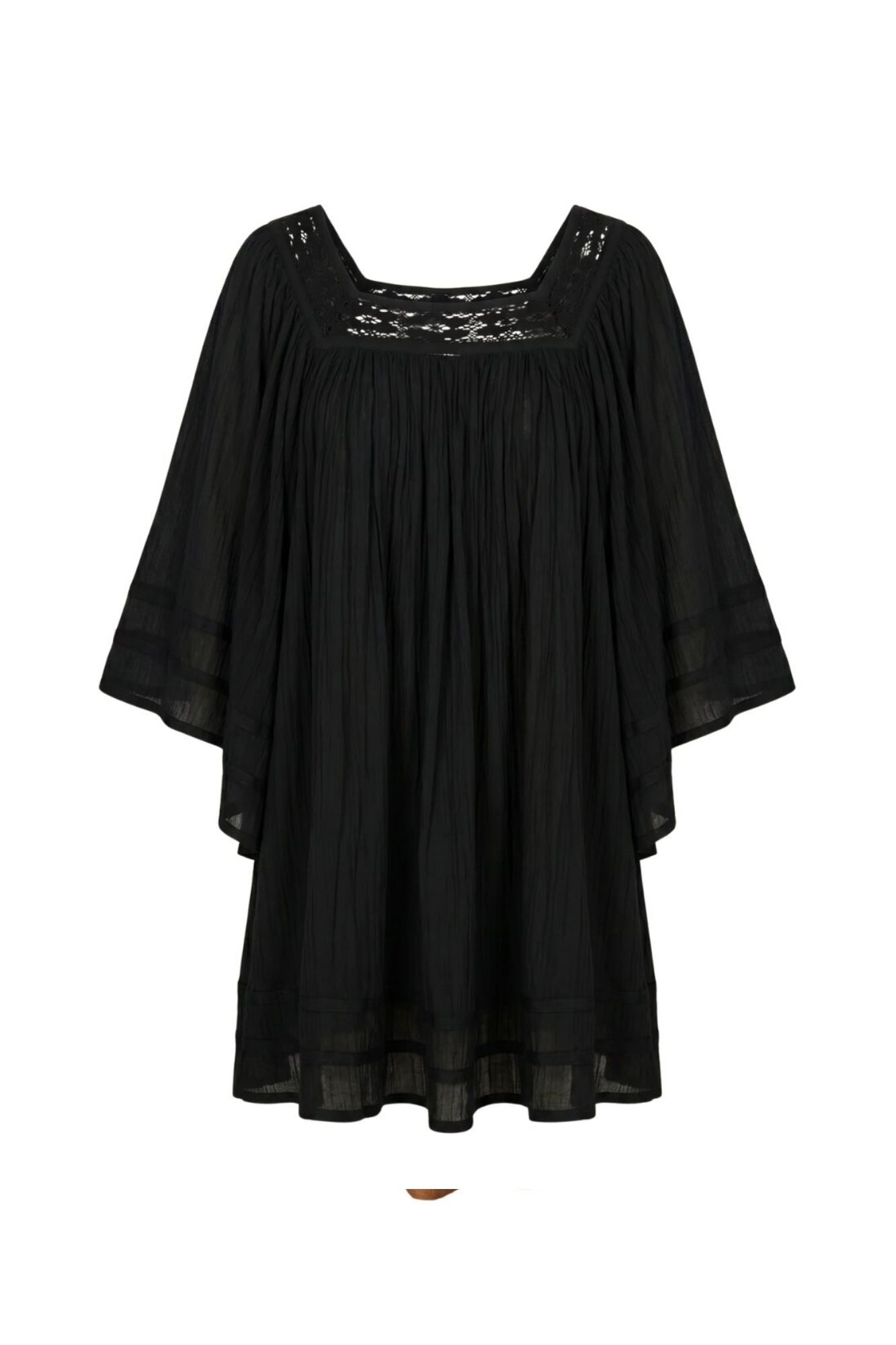 Ghost image of 70s style black flowy Desert Angel tunic mini dress by The Hippie Shake