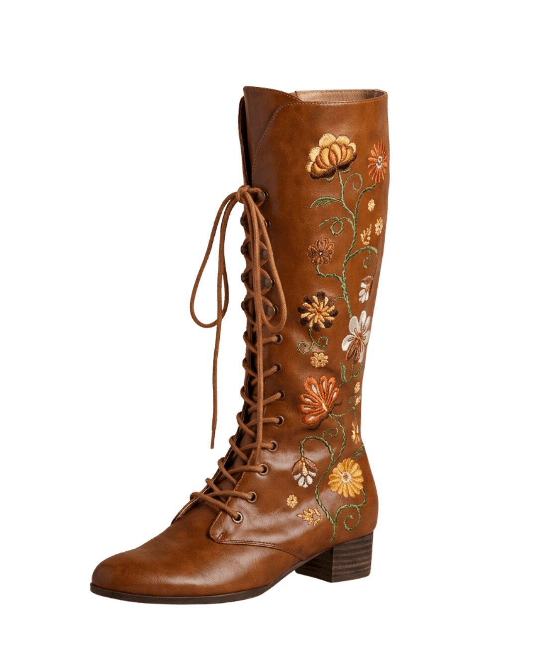 Ghost image of 70s style brown embroidered Penny Lane boot by The Hippie Shake