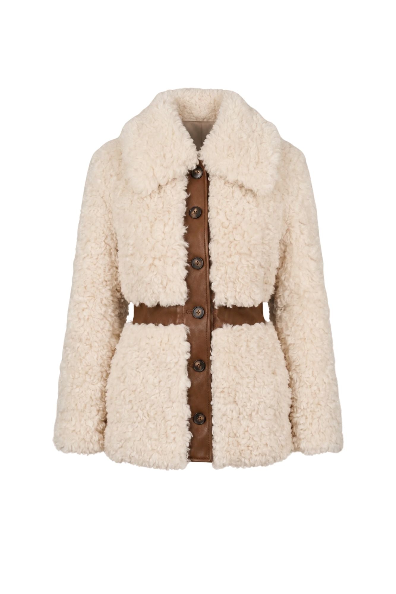 Ghost image of a cream-colored sheepskin coat with a brown faux-leather button-front placket, matching brown belt, and dark brown buttons, by The Hippie Shake