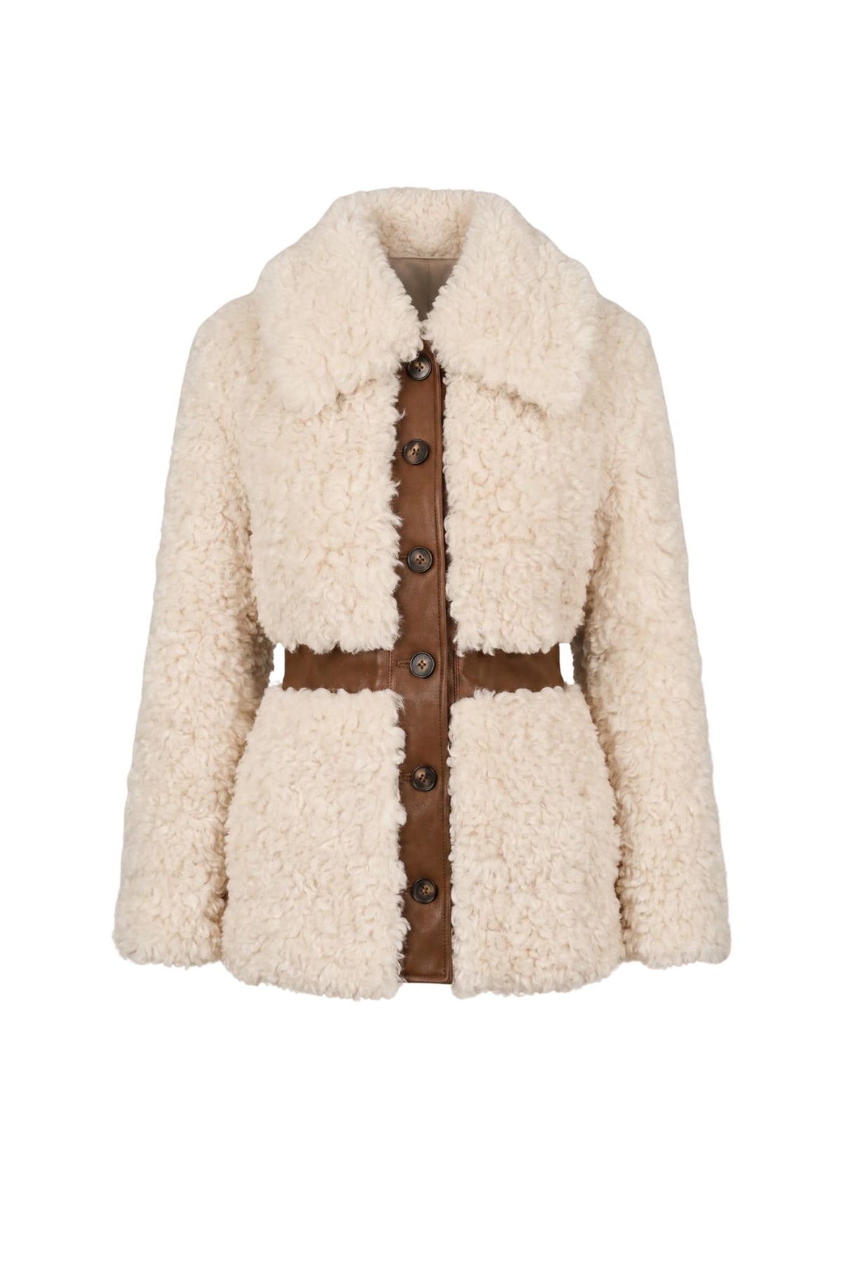 Ghost image of a cream-colored sheepskin coat with a brown faux-leather button-front placket, matching brown belt, and dark brown buttons, by The Hippie Shake