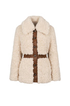 Ghost image of a cream-colored sheepskin coat with a brown faux-leather button-front placket, matching brown belt, and dark brown buttons, by The Hippie Shake