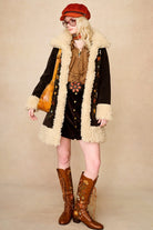 Denim Collection wear model wears 70s penny lane coat featuring flower belt by The Hippie Shake - front view