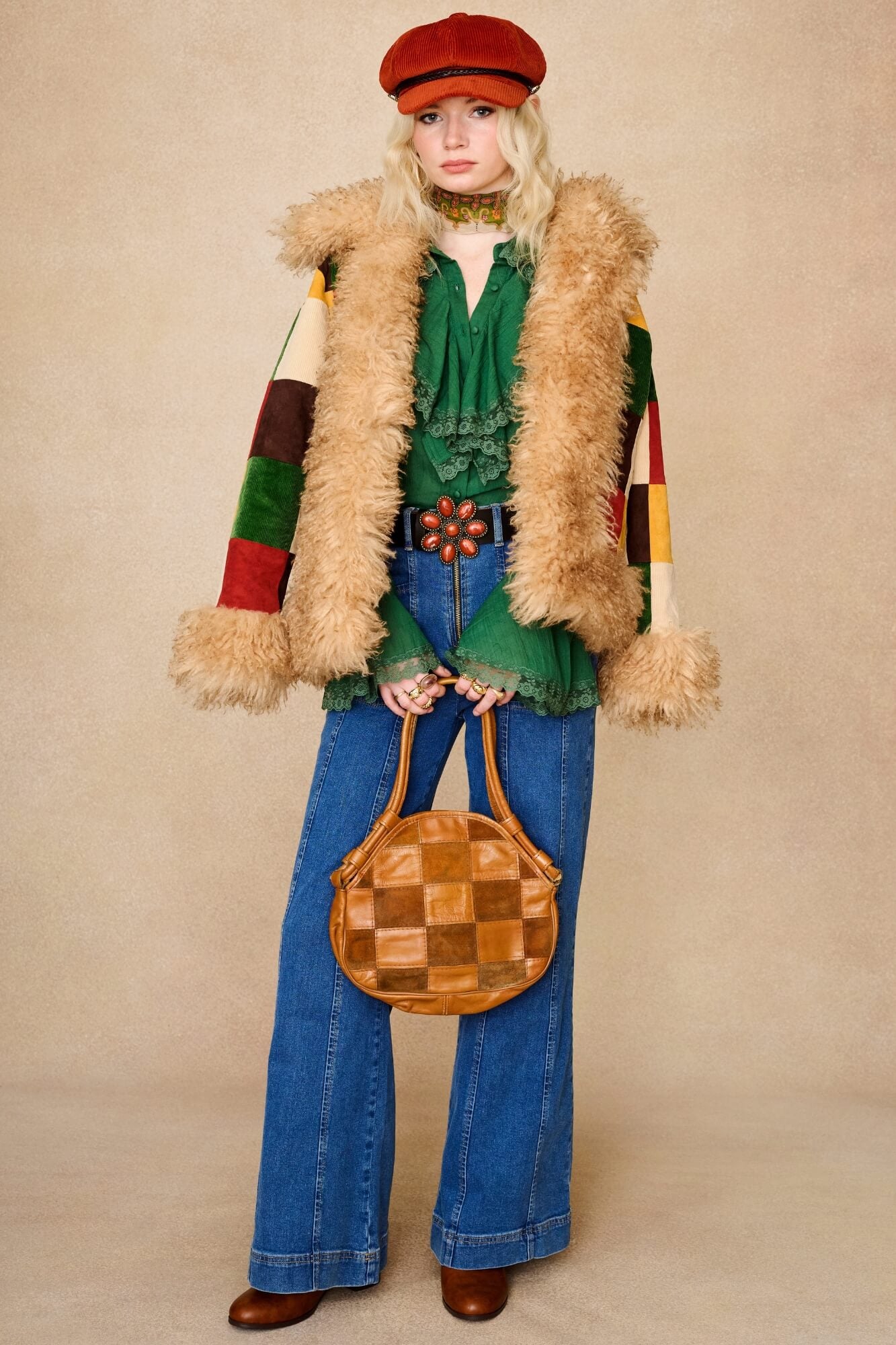 Denim Collection wear model wears 70s outfit featuring flower belt by The Hippie Shake - front view