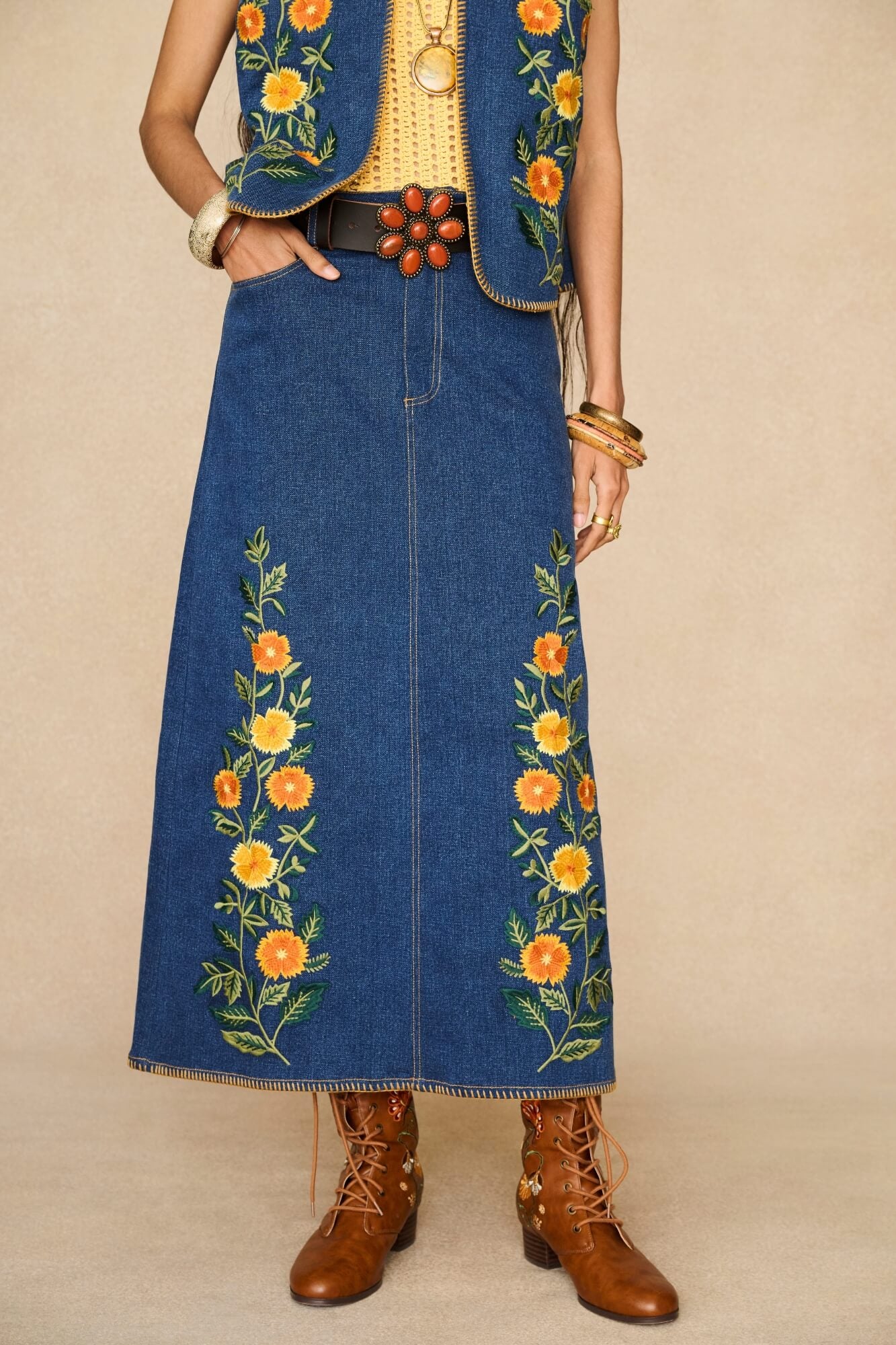 Denim Collection featuring 70s denim maxi skirt by The Hippie Shake - front view