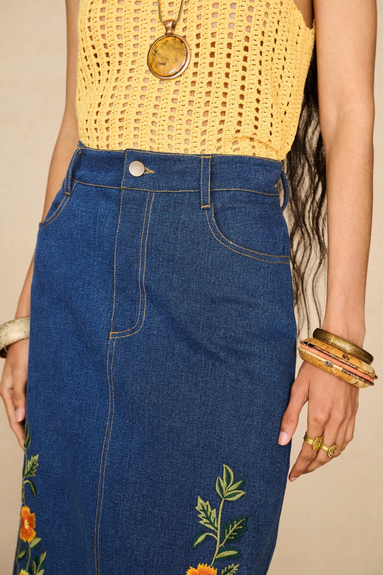 Denim Collection featuring 70s denim maxi skirt by The Hippie Shake - close up