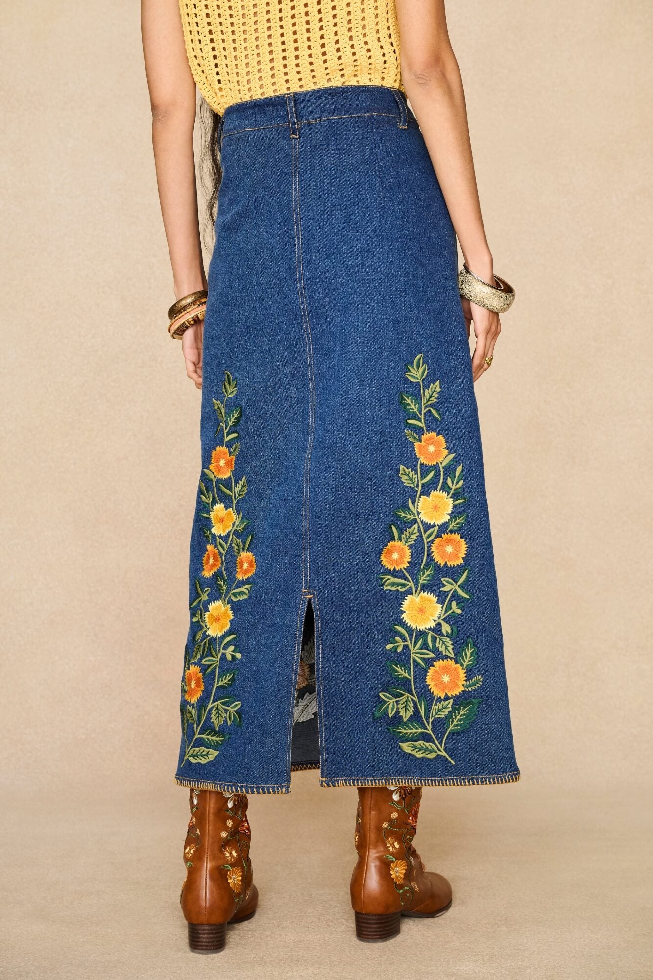 Denim Collection featuring 70s denim maxi skirt by The Hippie Shake - back view