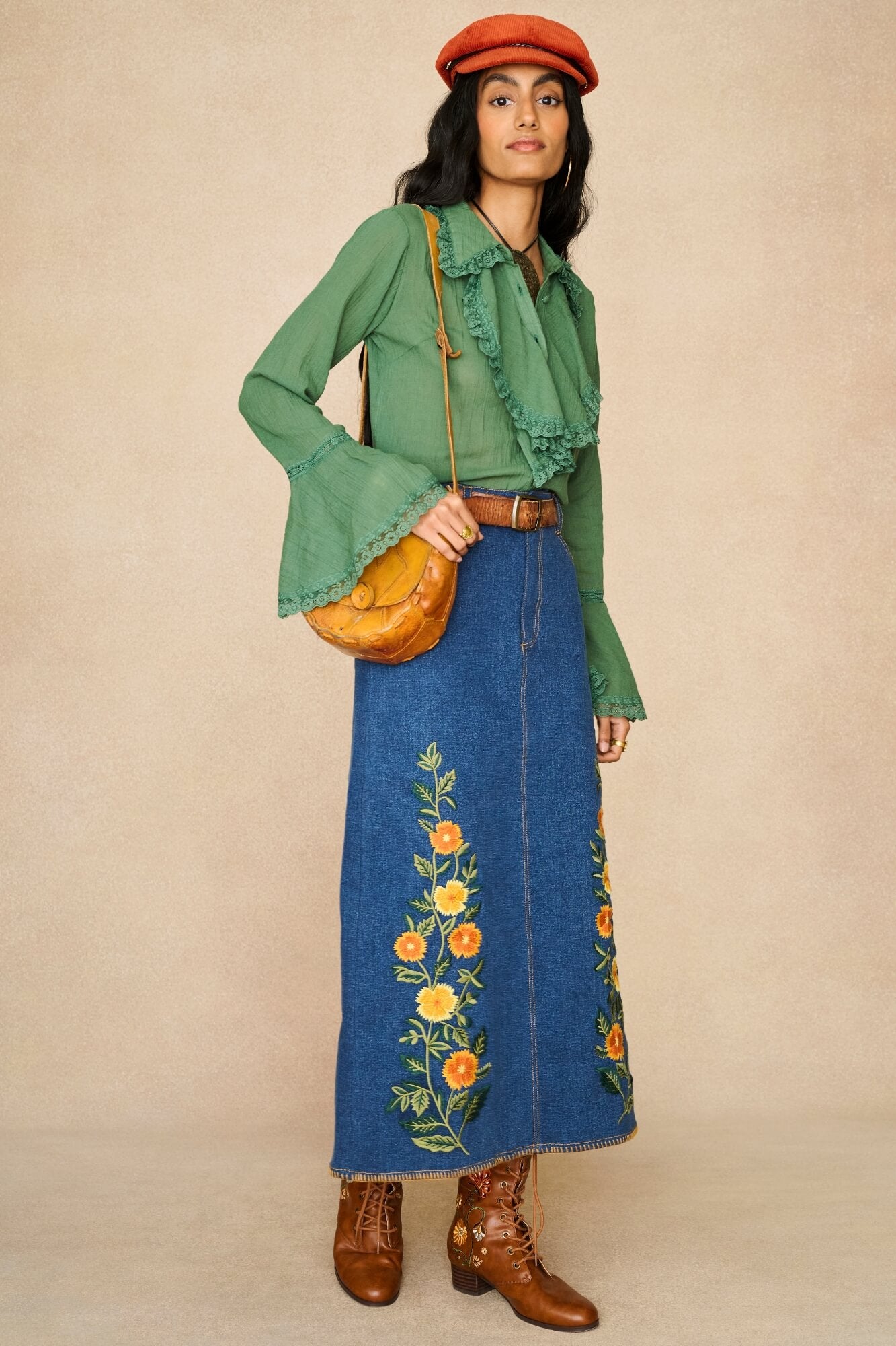 Denim Collection featuring 70s denim maxi skirt by The Hippie Shake - front view