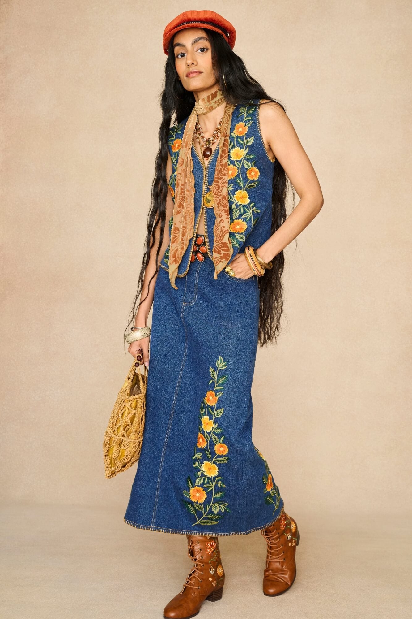 Denim Collection featuring 70s denim embroidered vest by The Hippie Shake - front view