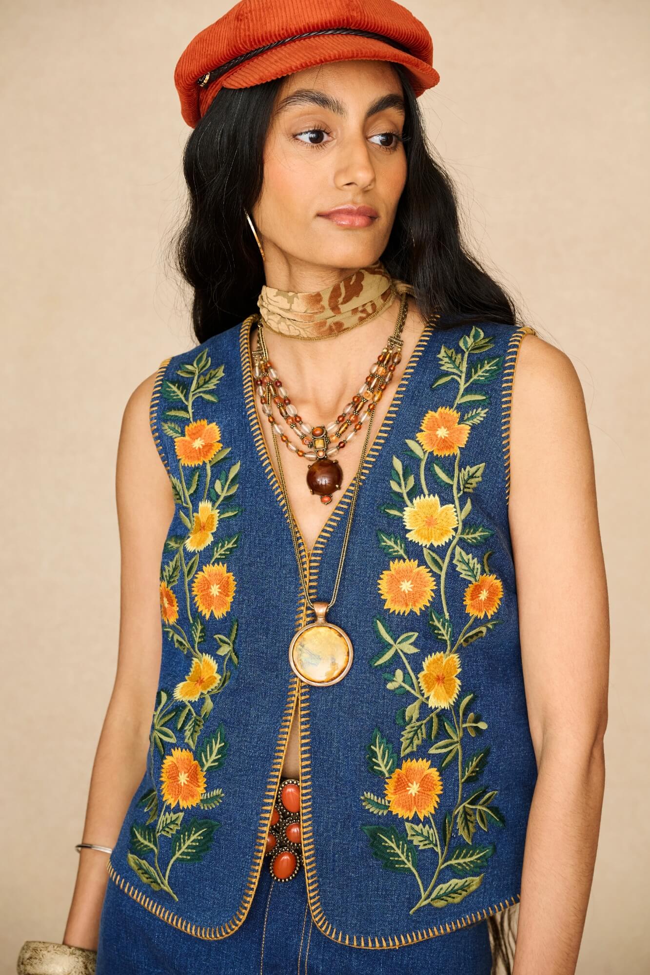 Denim Collection featuring 70s denim embroidered vest by The Hippie Shake - front view